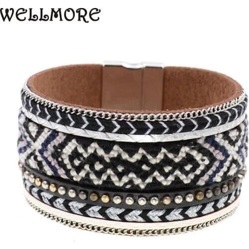 WELLMORE black bracelet Bohemia handmade cotton bracelet leather bracelets wrap bracelets for women jewelry wholesale
