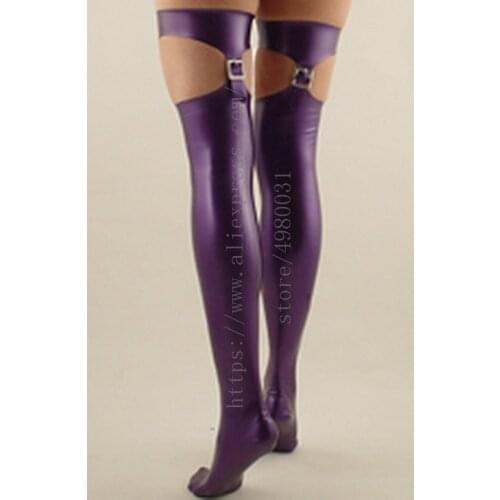 New arrival belt design womens purple latex stockings Fetish what is made of flexible & natural latex materials