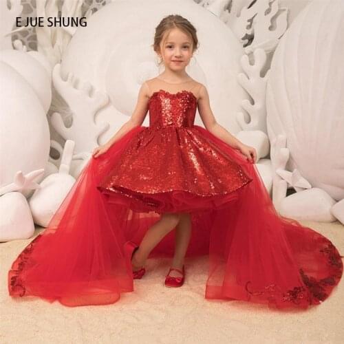 E JUE SHUNG Red Sequin Glitter Detachable Train Flower Girl Dresses Pageant Communion Dresses Girl Birthday Party Dresses