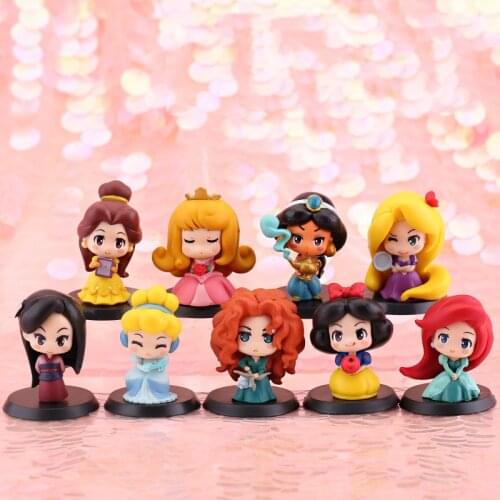 9Pcs/Set Disney Princess Series Cute Aurora Belle Snow White Mulan Moana Rapunzel Action Figure Doll Toys Lovely Gifts for Kids