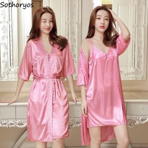 Robe Gown Sets Women V-neck Lace Up Silk Two Piece Fashion Leisure Sexy Home Sleepwear Womens Bathrobes Elegant Nightwear Chic