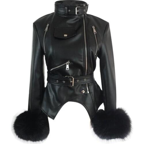Real leather jacket New women s winter stand collar versatile slim fit wool Sleeve Black plush fur short for women