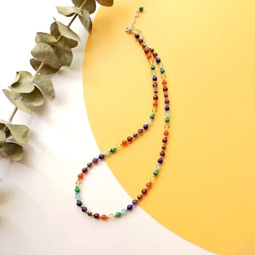 Lii ji Natural Stone 4mm Amethyst Citrine Malachite Lapis Chakras Necklace 925 Sterling Silver Platinum Color Necklace 40+5cm