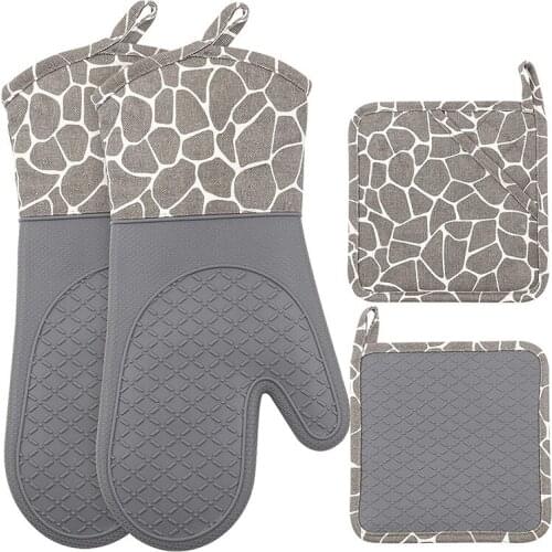 Oven Gloves And Pot Holder Set Heat-Resistant Oven Gloves, Flexible For Kitchen Cooking, Barbecue, Non Slip Gray