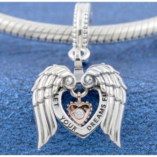 Original Rose Club 2021 Angel Wings & Heart Pendant Beads Fit 925 Sterling Silver Charm Pandora Bracelet Diy Jewelry