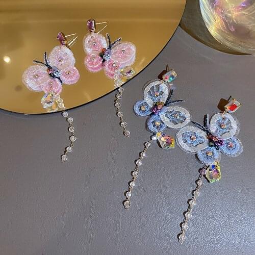 Origin Summer Statement Crystal Flower Butterfly Dangle Earring for Women Fairy Pink Blue Long Tassel Earring Jewelry Pendientes
