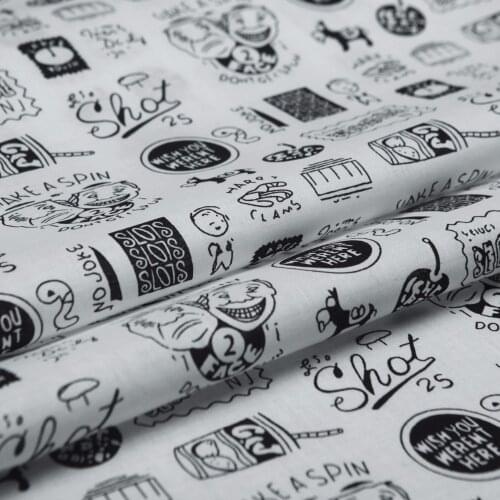 Pure Cotton Fabric,Hand-Painted Letter Animal People Drink Pattern,Cartoon Style,White Black,Sewing,DIY,Dress,Craft By The Yard