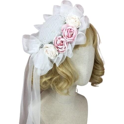 Lolita Flower Mesh Flat Top Hat Ruffled Lace Ribbon Bow Fascinators Hair Clips