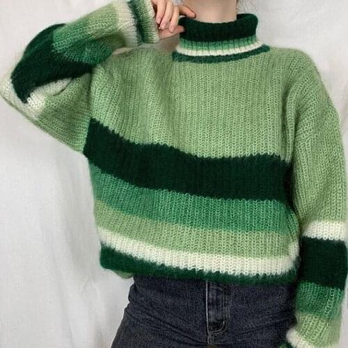 B-TOTO Retro Green Turtleneck Striped Sweater Loose Lazy Sweater Autumn And Winter 2021 New Fashion