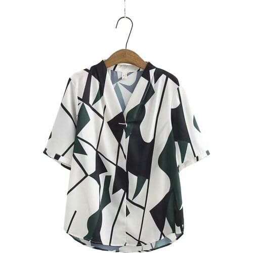 Plus Size XL-3XL Tops Women Printed Short Sleeve V-neck Blouse Fashion Style Vintage Summer Blusas