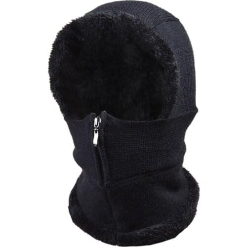 Women Winter Knit Balaclava Beanie Hat Solid Color Zipper Ski Face Mask Windproof Plush Lined Earflap Cap Neck Warmer