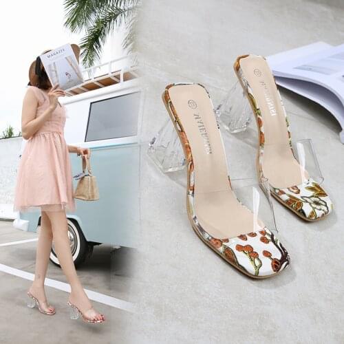 Women PVC Transparent High Square With Flower Print High Heels Sandals Heels Women Summer Sandals