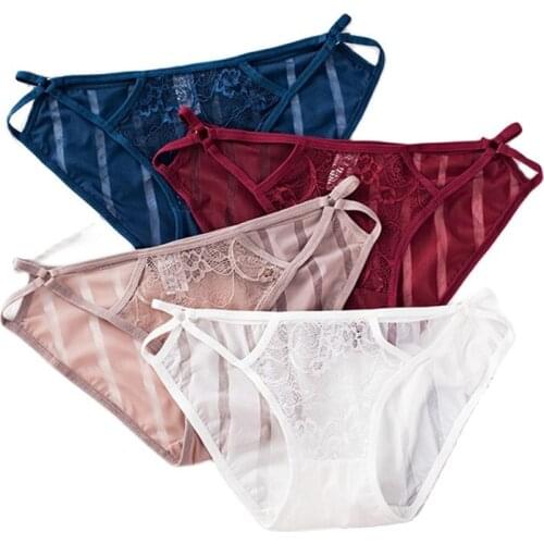 Womens Sexy Lace Panties Breathable Ice Silk Striped Underwear Fashion Cozy Female Underpants Low Waist Plus Briefs