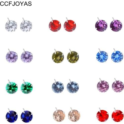 CCFJOYAS 12 Pairs/Set 925 Sterling Silver European and American Twelve Birthstone Candy color Stud Earrings for Women Wholesale