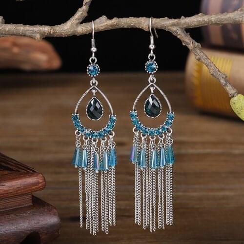 2021 Boho Summer Long Chain Tassel Water Earrings Womens Ethnic Blue Crystal Beads Crystal Beads Wedding Earrings