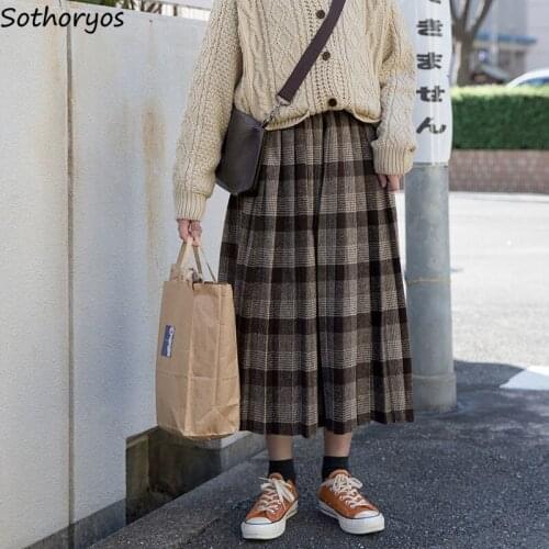 Skirts Women Winter Woolen Plaid Vintage Harajuku Japanese Style Chic Retro All-match Autumn Fashion A-line Students Mid-calf