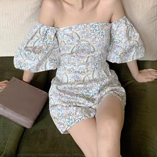 Fashion Women Playsuit Short Puff Sleeve Square Collar Romper Waist Tight Off Shoulder Retro Floral Print Jumpsuit Overall 2021