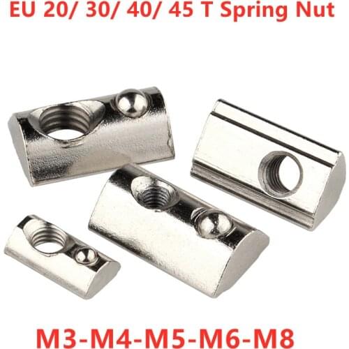 10/100pcs Slot nut M3 M4 M5 M6 M8 Roll in Spring T-nut with Ball for Aluminum Extrusion Profile EU 20/30/40/45 Series