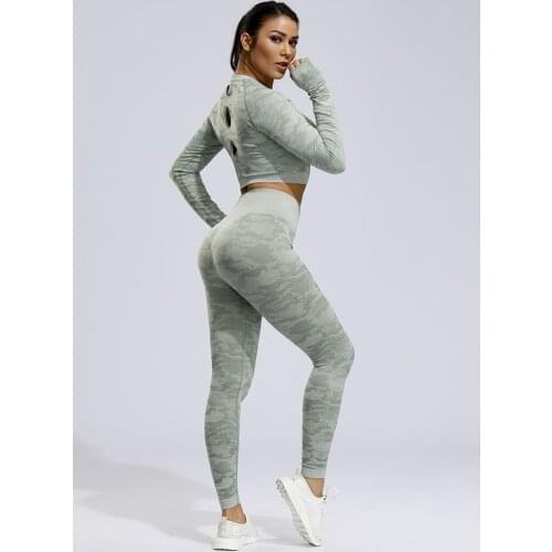 2 Pcs Sports Suits Set Women Yoga Sets Gym Fitness Athletic Pants Camouflage Leggings Sportswear Leggings Seamless Sports Shirts