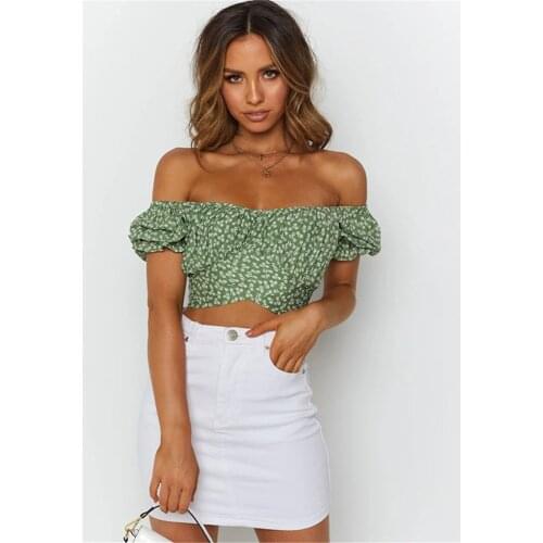 2021 Summer Women Floral Printed T-Shirt Slash Neck Short Sleeve Pleated Slim Fit Crop Tops Green Female Clothing