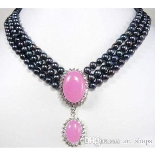 3Rows 6-7mm Black Pearl & Pink Jades Pendant Necklace>>> free shipping