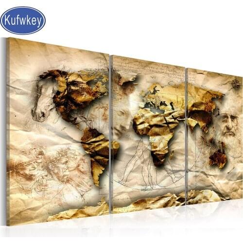 Full Square Round diamond embroidery 3 Pcs 5d Diy diamond painting cross stitch Retro World Map Crystal Diamond mosaic Set