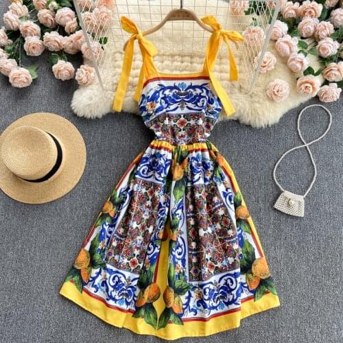 Amolapha Women High Quality Vintage Bandage High Waist Sleeveless Printed Temperament Suspender Dress