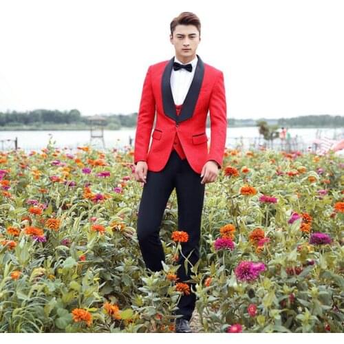 Blazer men groom suit set with pants mens wedding suits costume singer star style dance stage clothing formal dress red