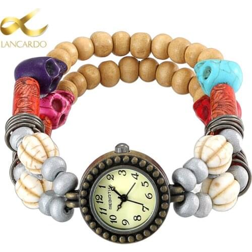 Lancardo Ethnic Vintage Watch Women Elegant Wooden Brand Watches Mesh Band Wristwatch Quartz Clock Relogio Feminino Montre Femme