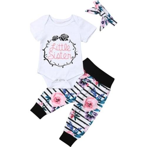 0-5T Twin Baby Girls Clothes Set Little Sister Bodysuit Baby T-Shirt For Girls Floral Print Long Pants Headband Baby Girl Set