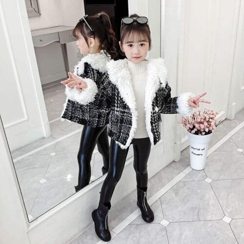 Girls Short Woolen Coat Autumn Winter Children Lamb Velvet Plaid Woollen Jacket Clothes Overcoat Kids Casual Outerwear Tops B378
