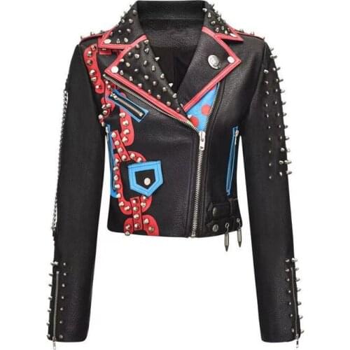 Spring and Autumn Masked Hero Graffiti Faux Leather Jackets For Punk Women Pattern Rivet Fashion Streetwear Motorcycle Coat