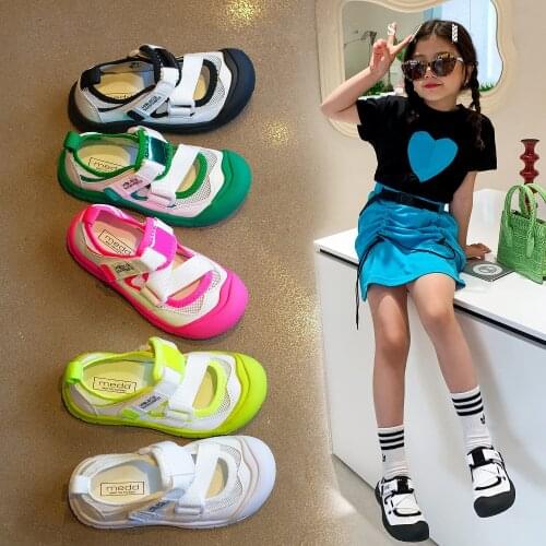 Summer girls' sandals 2021 new mesh cut out childrens casual shoes soft bottomed boys' sports bag sandals