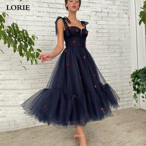 LORIE Black Sweetheart Prom Dresses Cherry Spaghetti Straps Tea Length Evening Dress Prom Party Gowns