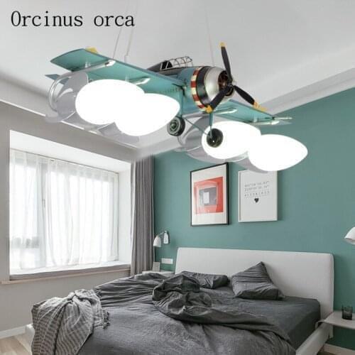 American retro iron aircraft chandelier boy bedroom childrens room lights cartoon creative blue LED fighter Chandelier