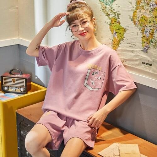 Cute Sleepwear Womens Sleep Shorts Cotton Round Neck Ladies Sleepwear Summer Home Wear Lounge Casual Pajamas Loose Large Size