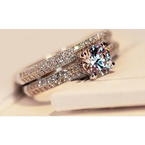 925 Silver Pave Inlaid 2 Row Shiny Gemstone Wedding Rings Set For Women CZ Fine Jewelry Engagement Party Ring Bride Gift