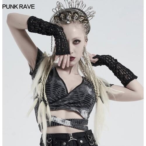 PUNK RAVE Womens Gothic Daily Oft Yarn Lace Mesh Gloves Stage Performance Fingerless Black Long Gloves Women Accessories
