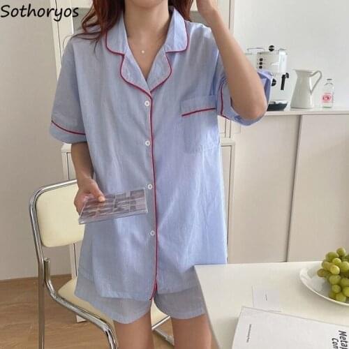 Women Summer Pajama Sets Fresh Short Sleeve Turn Down Collar Tops Leisure Cozy Teenagers Shorts Nightwear Trendy Lounge Females