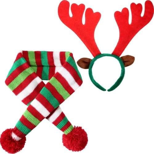 Pet Knit Christmas Scarf Winter Striped Scarf Reindeer Antlers Headband for Pet Large Dog Kitten New Year Neckerchief