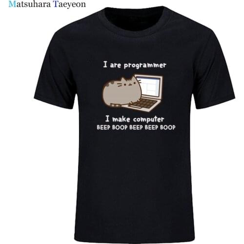 Computer Programmer Cat Design Funny Tshirts IT Hacker Worker Cat Mens Fashion Casual New Tee Shirt Cotton T Shirt Fashion Top