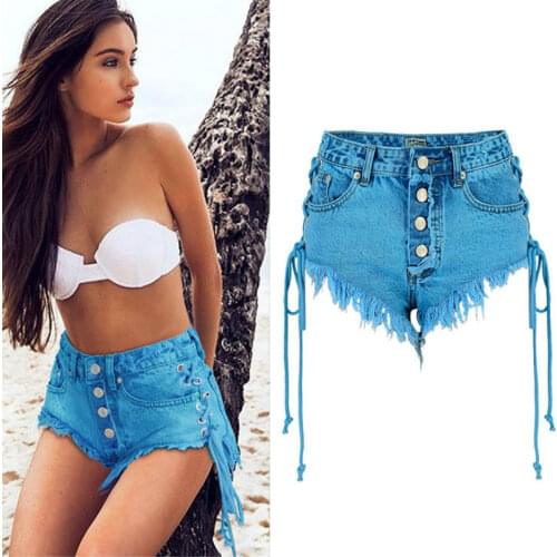 Macaron Blue Summer High Waist Denim Shorts Women Top Quality Side Stripe Bandage Jeans Shorts Femme Button Fly Spodenki Damskie