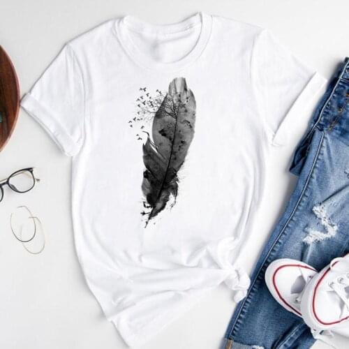 Women Graphic Cartoon Feather Watercolor Funny Cute Short Sleeve Summer Fashion Print Female Clothes Tops Tees Tshirt T-Shirt