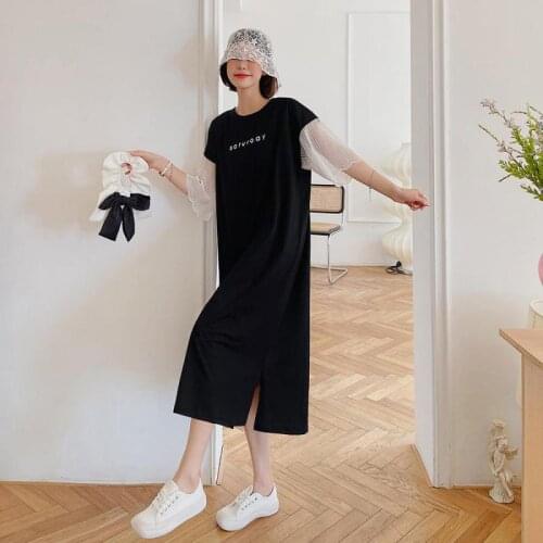 2021 Summer Simple Black Oversize Loose Slim Lace Short Sleeved T-shirt Dress O-neck Casual Stretch Women Dress Free Shipping