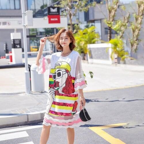 Summer Mesh Sleeve Cartoon Beauty Dress Women Knee-Length Puff Sleeve Printing Dresses