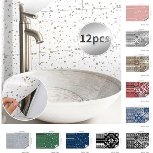 12Pcs Bathroom Toilet Waterproof Metal Wind Tile Stickers Self-Adhesive Retro Pattern Decals Wall Decoration Thickening