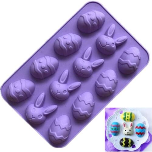 12 Cavity Easter Eggs Rabbit Shape Silicone Chocolate Mold Soap Mould Handmade Cake Mold Baking Tray Random Color
