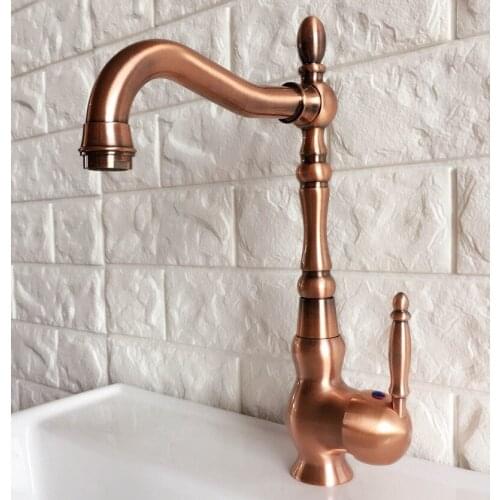 Antique Red Copper Brass Bathroom Kitchen Basin Sink Faucet Mixer Tap Swivel Spout Single Handle One Hole Deck Mounted mnf423