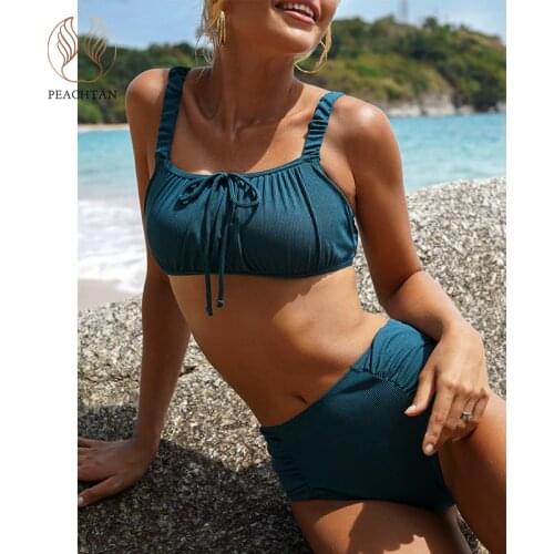 Peachtan Ribbed bikinis 2021 mujer Bandeau swimsuit women Drawstring swimwear female Solid bathing suit Sports swimming suit