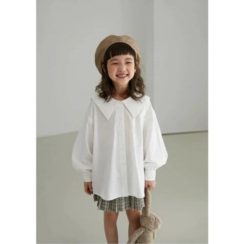 4-14 Years Kids Girls Long Sleeve White Shirt Children Loose Solid Square Collar Blouse School Clothes 5 6 7 8 9 10 11 12 13